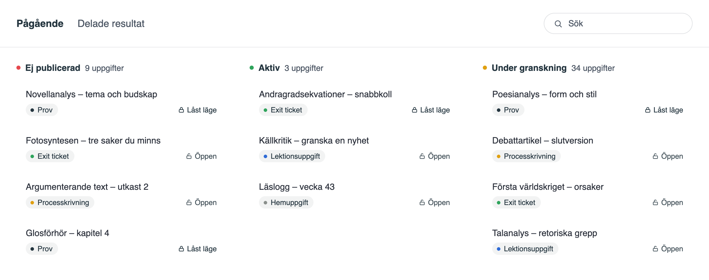 Gradrs uppgiftstavla: prov, exit tickets, processkrivning och lektionsuppgifter, sorterade som ej publicerade, aktiva och under granskning