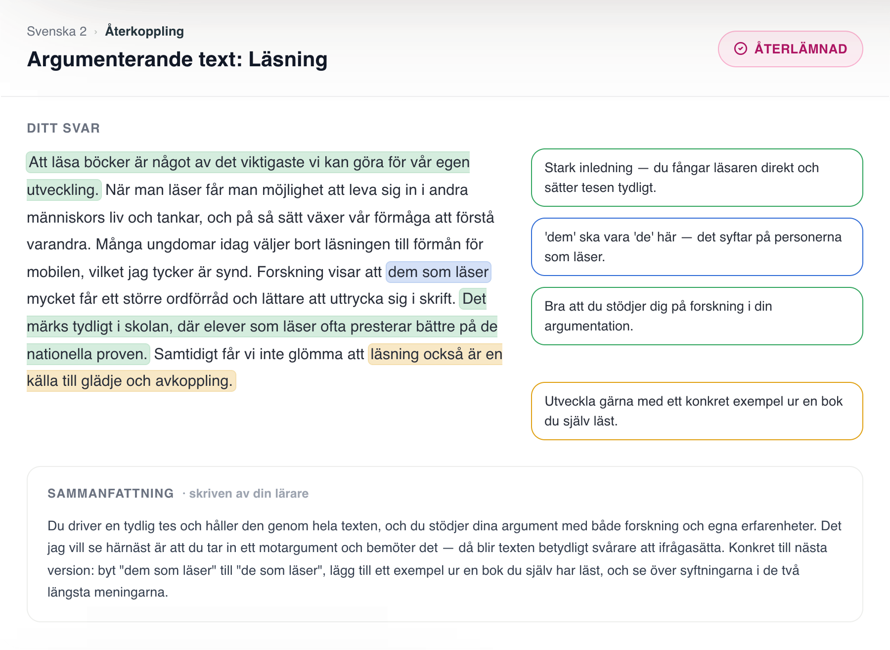 Elevens återlämnade text med lärarens kommentarer